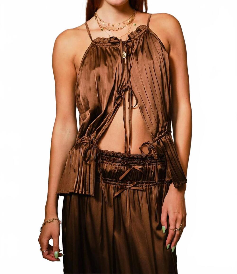 NEW BLUE B women's pleated satin tie front top in espresso